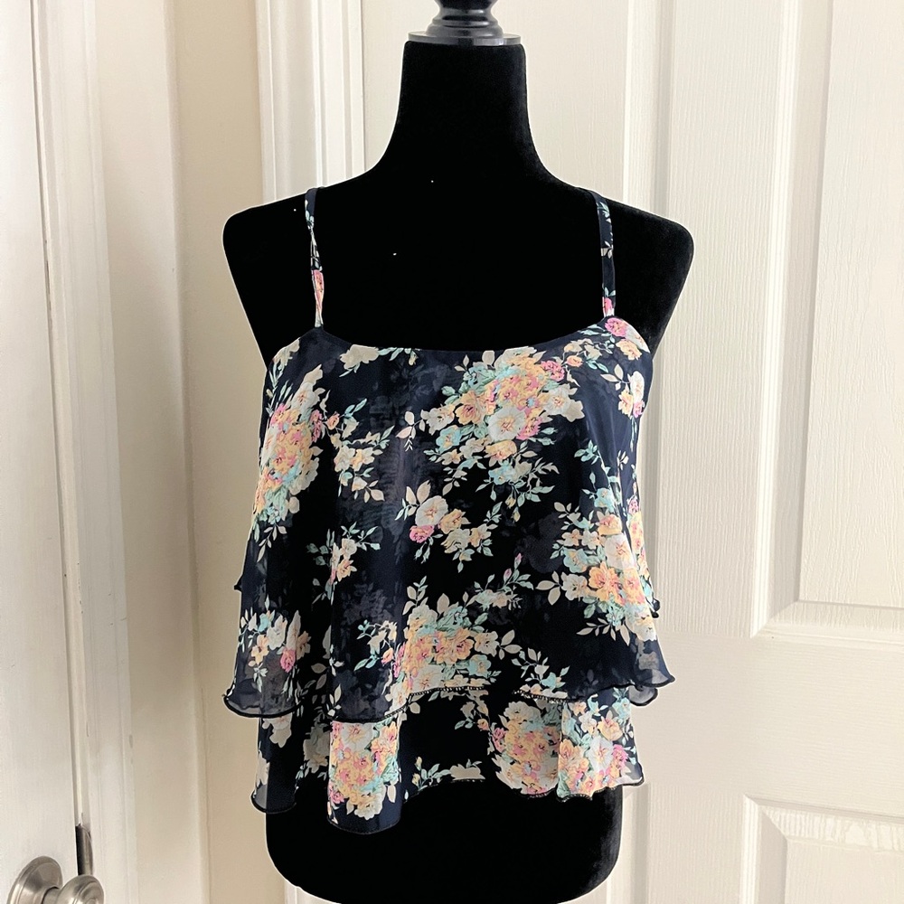 Floral Tiered Spaghetti Strap Crop Top - Navy